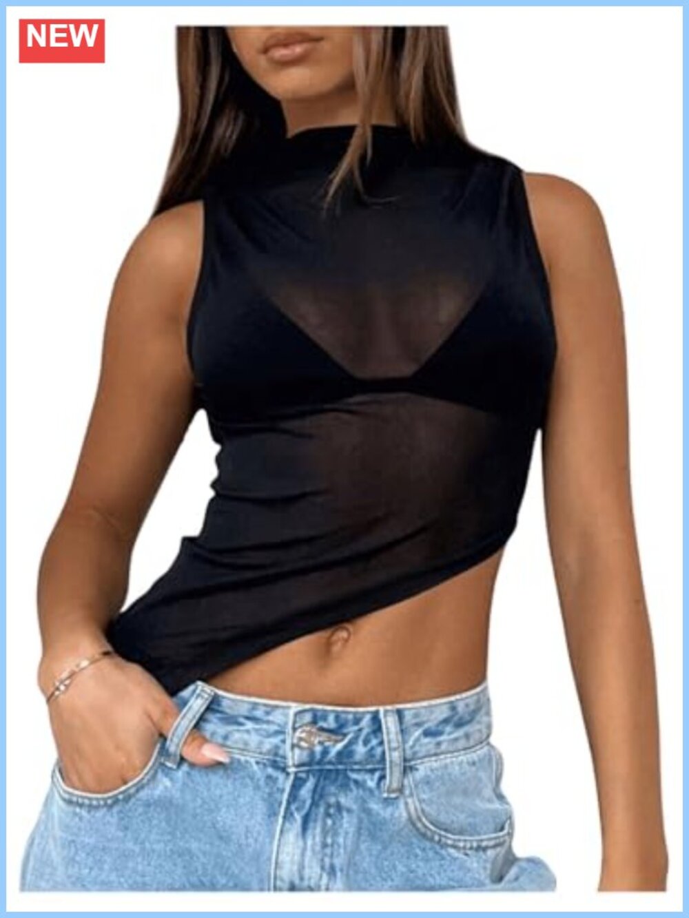 Sheer Mesh Mock Neck Sleeveless Asymmetrical Hem Crop Tank Top